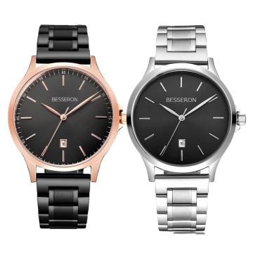 BESSERON Full Quality Stainless Steel Metal Mesh Strap Luxury Japan Quartz Date Men Stylish Wrist Watch Mens